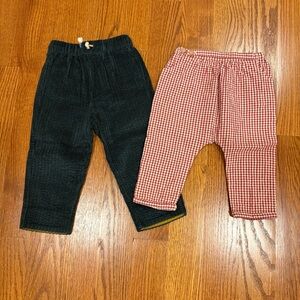 holiday pants set, dark green velvet corduroy and red gingham